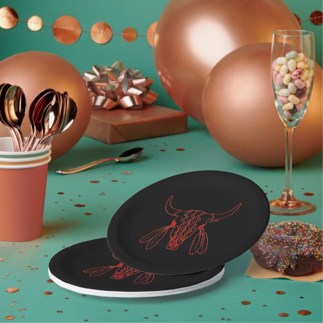 Red Ghost Dance Buffalo line black paper plates (Multi)