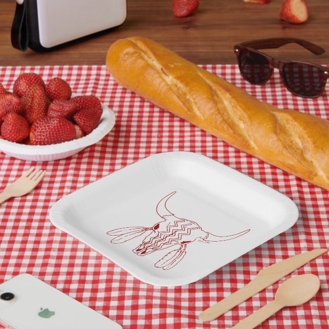 Red Ghost Dance Buffalo line square paper plates (Picnic)