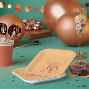Red Ghost Dance Buffalo line tan sq paper plates