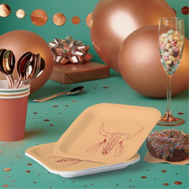 Red Ghost Dance Buffalo line tan sq paper plates (Multi)