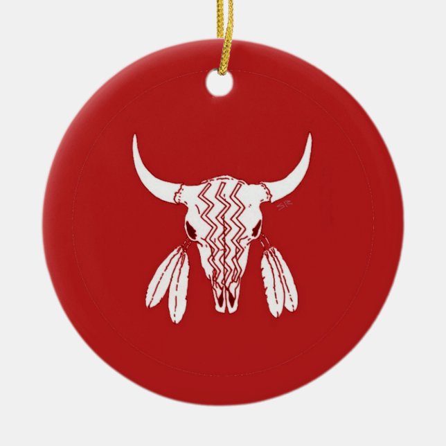 Red Ghost Dance Buffalo round ceramic ornament (Front)