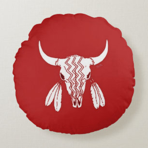 Red Ghost Dance Buffalo round poly throw pillow