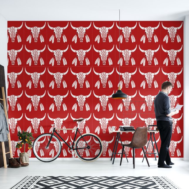 Red Ghost Dance Buffalo smooth vinyl wallpaper (Living Room)
