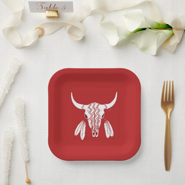 Red Ghost Dance Buffalo square paper plates (Wedding)