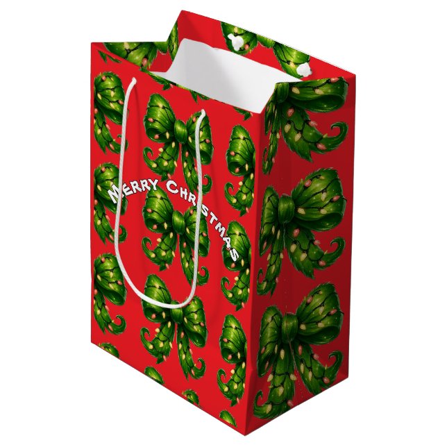 Red Gift Bag with Green Christmas Bow Pattern (Front Angled)