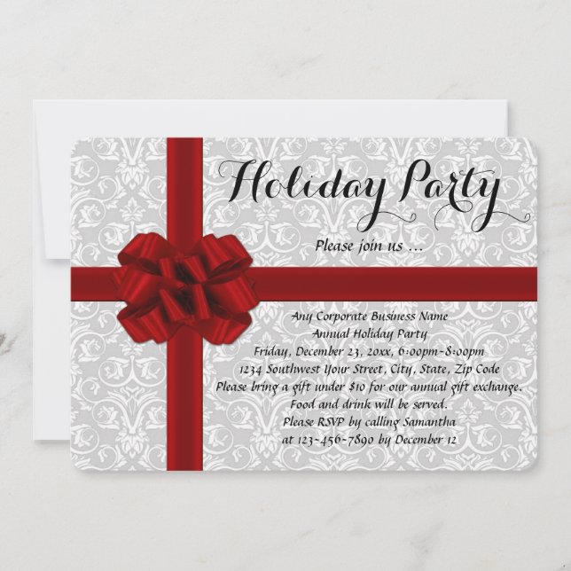 Red Gift Bow Holiday Party Invitations (Front)