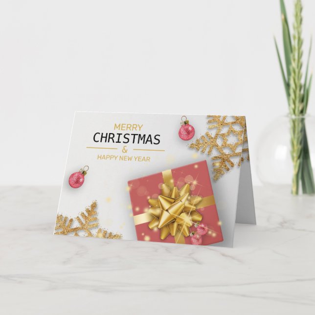 Red Gift Box Christmas Balls Gold Snowflakes Card (Front)