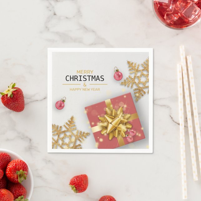 Red Gift Box Christmas Balls Gold Snowflakes Napkin (Insitu)