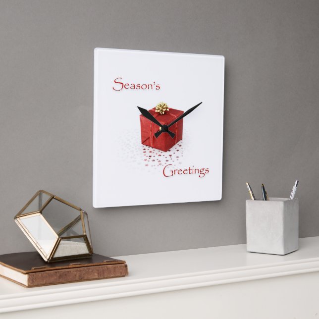 Red Gift Box Season's Greetings Clock (Office)