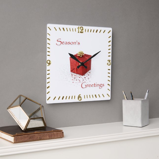 Red Gift Box Season's Greetings Clock (Office)