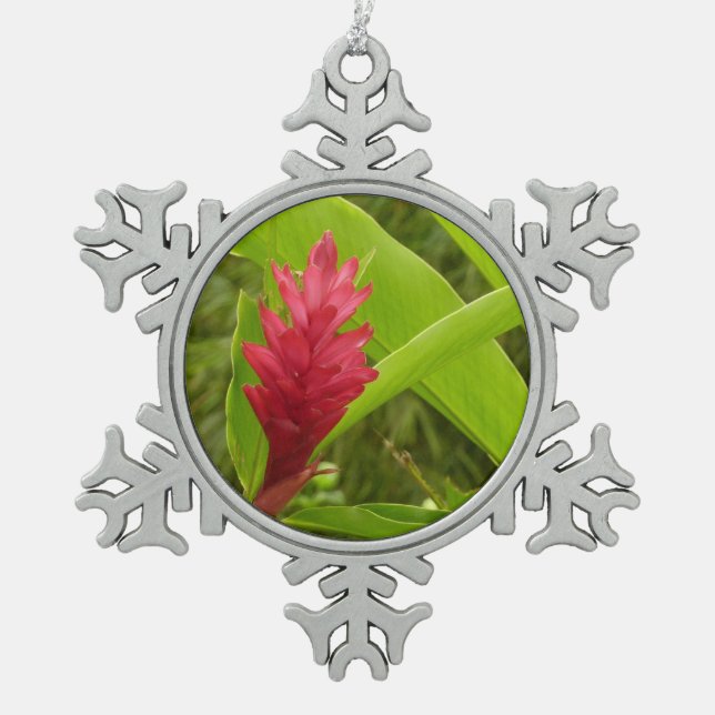 Red Ginger Flower (Alpinia) Tropical Snowflake Pewter Christmas Ornament (Front)