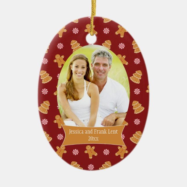 Red gingerbread Christmas holiday photo ornament (Front)