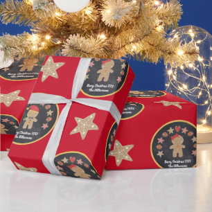 Red Gingerbread Cookie Chalkboard Cute Custom Name Wrapping Paper