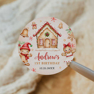 Red Gingerbread House 1st Birthday Party Classic Round Sticker