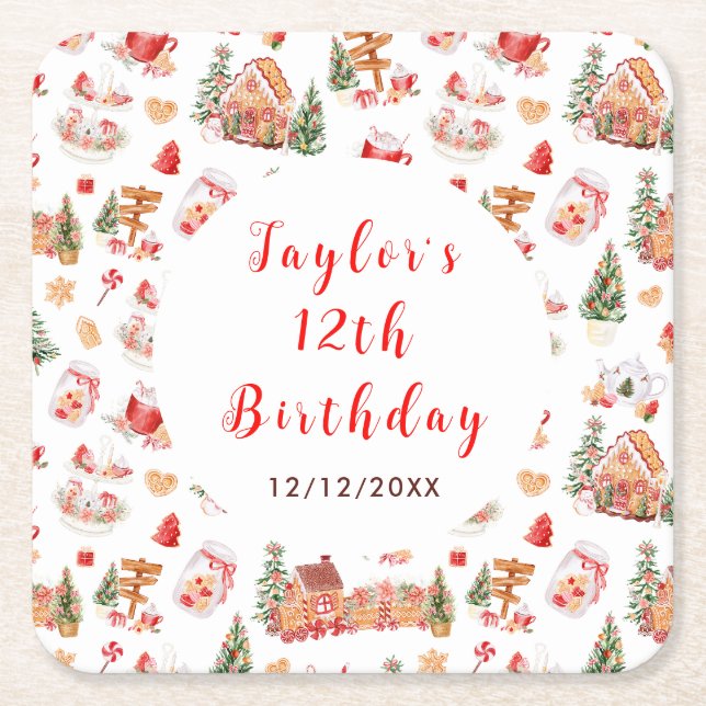 Red Gingerbread House Birthday Party Square Paper Coaster (Front)