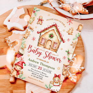 Red Gingerbread House Christmas Baby Shower Invitation