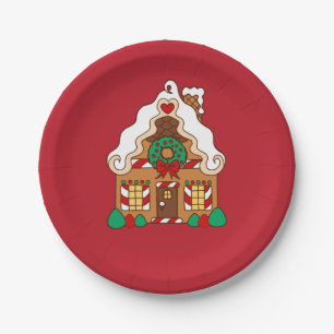 Red Gingerbread House Christmas Party Paper Plates