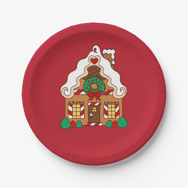 Red Gingerbread House Christmas Party Paper Plates (Front)