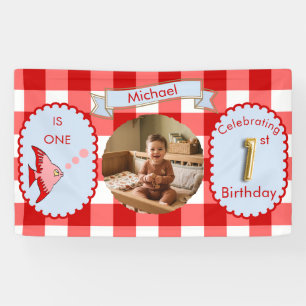 Red Gingham 1st Birthday Photo Fish Party Banner