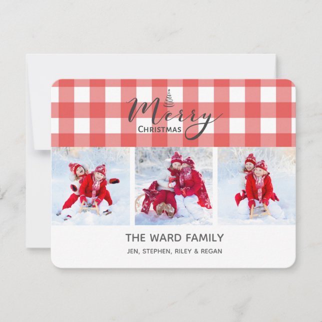 Red Gingham 3-Photo Christmas Card (Front)
