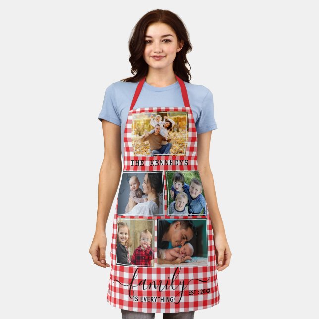 Red Gingham 5 Photo Collage Family Quote Name Apron (Worn)