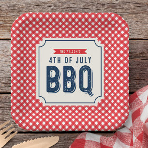 Red Gingham and Blue 4th of July BBQ  Paper Plate
