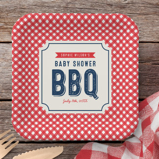 Red Gingham and Blue Baby Shower BBQ Paper Plate