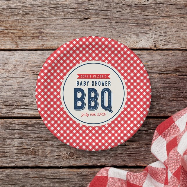 Red Gingham and Blue Baby Shower BBQ Paper Plate (Creator Uploaded)