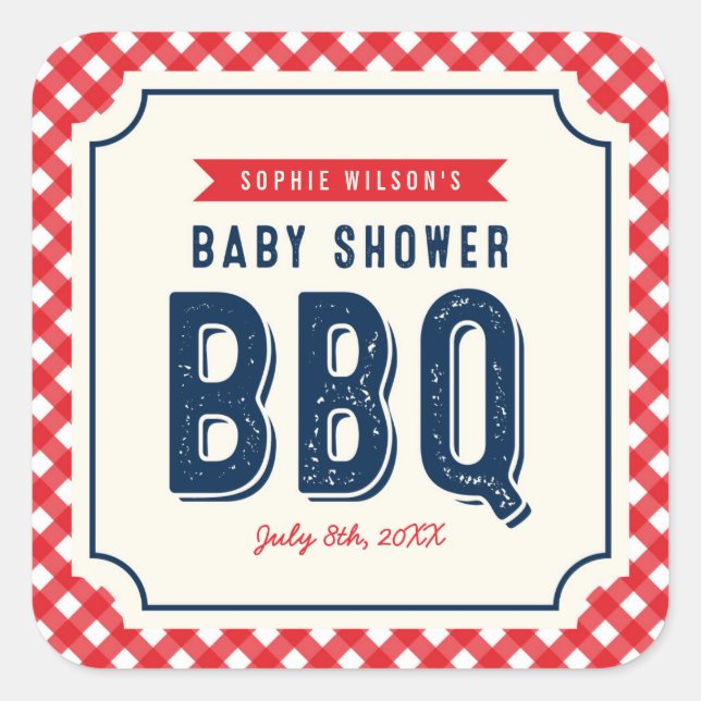 Red Gingham and Blue Baby Shower BBQ Party Square Sticker (Front)