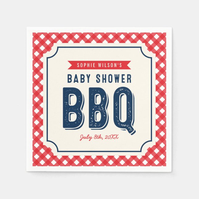 Red Gingham and Blue BBQ Baby Shower Napkin (Front)