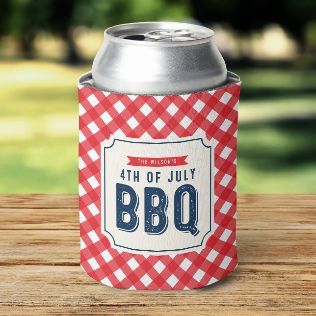 Red Gingham and Blue Fourth of July BBQ Can Cooler (Creator Uploaded)