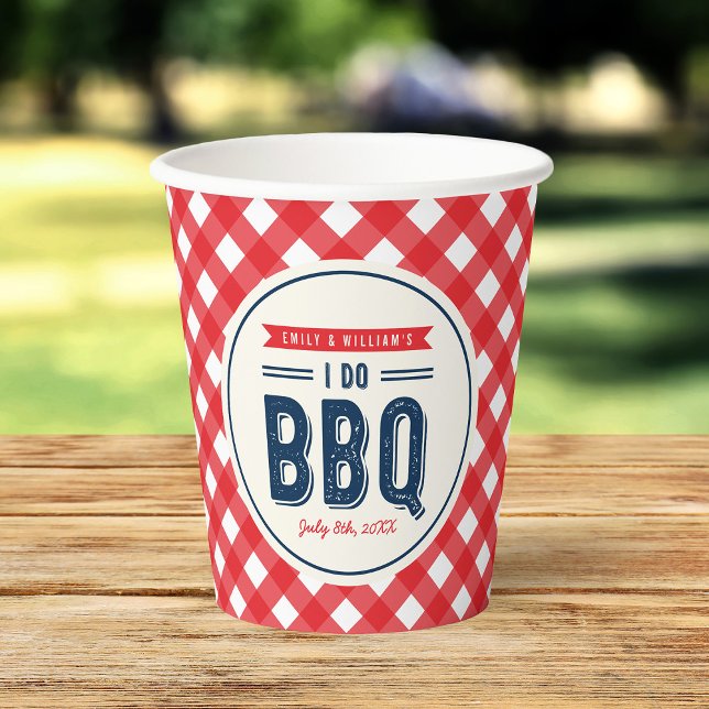Red Gingham and Blue I Do BBQ Engagement Party Paper Cups (Creator Uploaded)