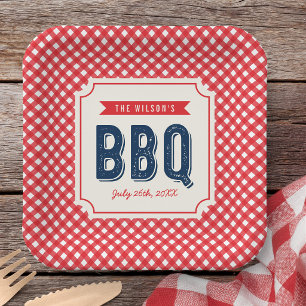 Red Gingham and Blue Summer BBQ Paper Plate