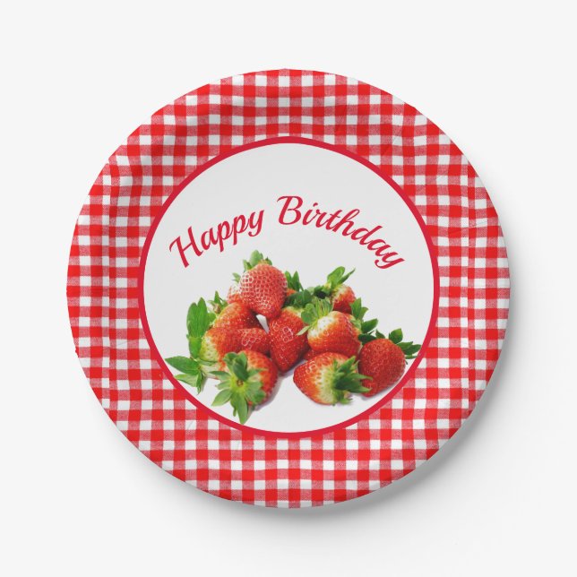 Red Gingham and Strawberries Birthday Party Paper Plate (Front)