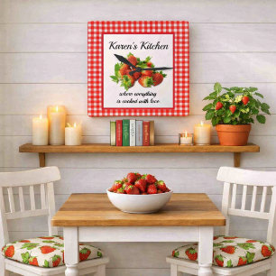 Red Gingham and  Strawberries Wall Clock