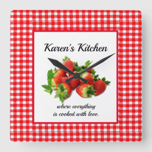 Red Gingham and  Strawberries Wall Clock