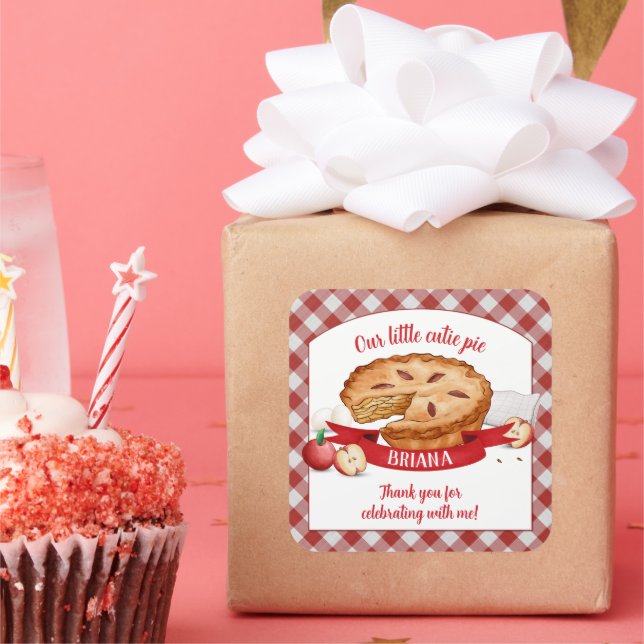 Red Gingham Apple Cutie Pie Birthday Party Square Sticker (Party)