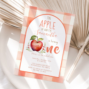 Red Gingham Apple Watercolor first birthday Invitation