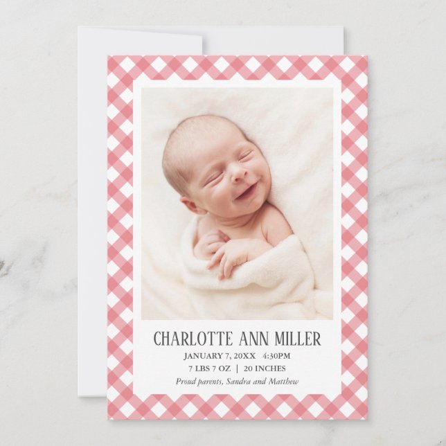 Red Gingham Baby Birth Announcement Photo Card (Front)