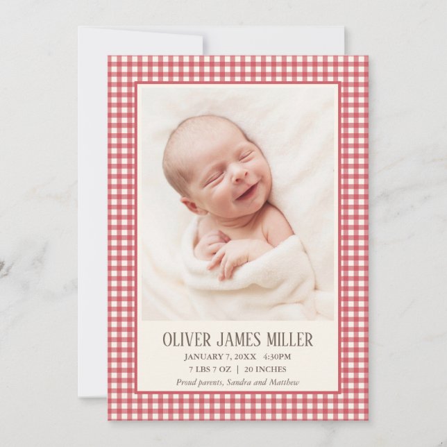 Red Gingham Baby Birth Announcement Photo Card (Front)