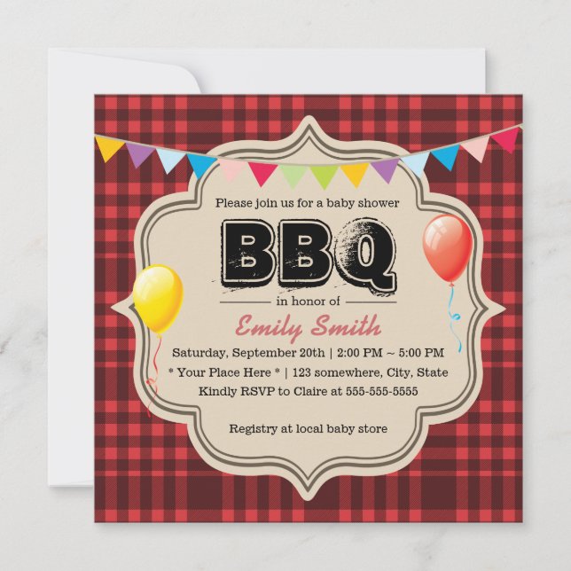 Red Gingham Baby Shower BBQ Party Invitations (Front)