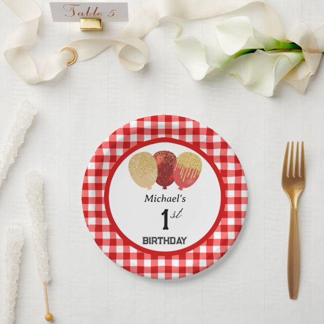 Red Gingham & Balloons 1st Birthday Paper Plate (Wedding)