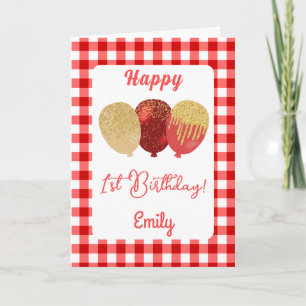 Red Gingham Balloons Kids Birthday Greeting Card