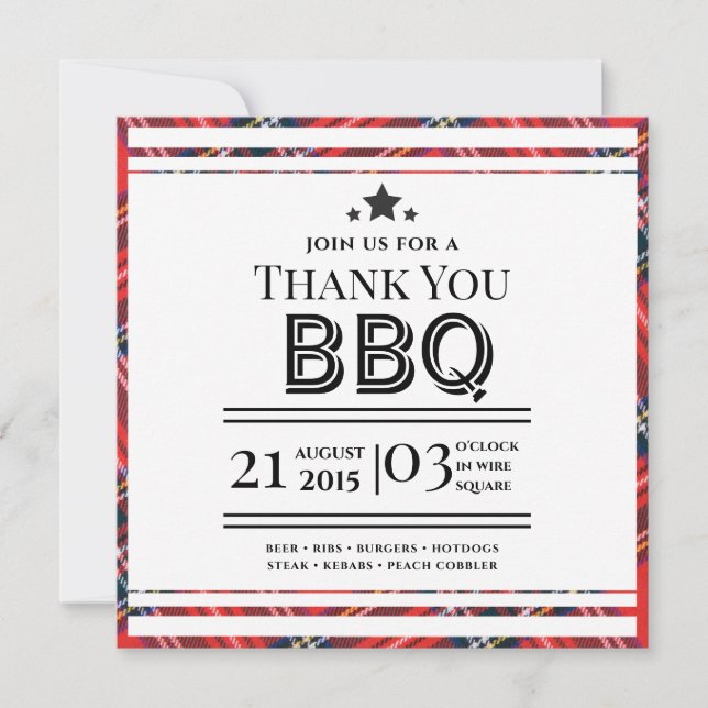 Red Gingham BBQ Party Thank You Card (Front)