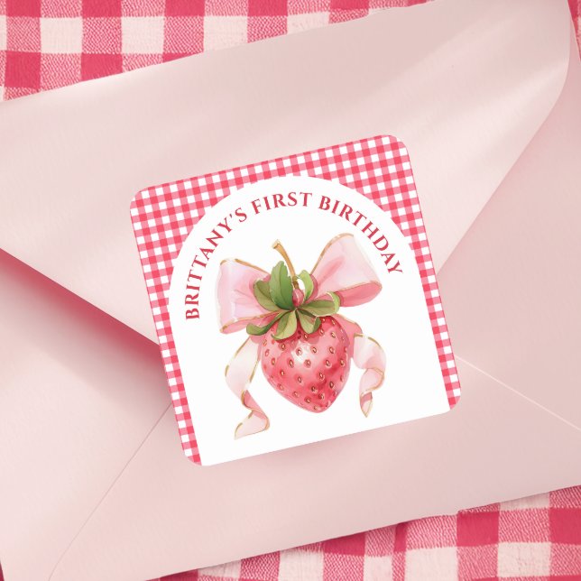 Red Gingham Berry First Birthday Square Sticker (Creator Uploaded)