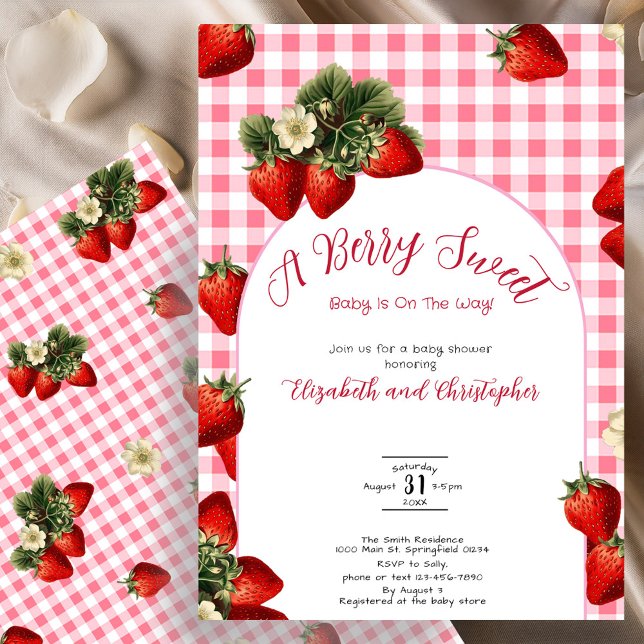 Red Gingham Berry Sweet Strawberry Baby Shower Invitation (Creator Uploaded)