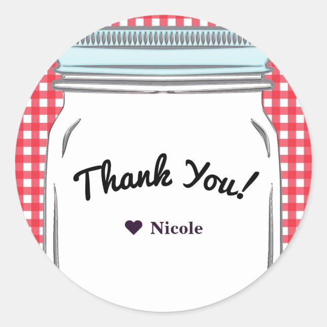 Red Gingham & Blue Mason Jar Rustic Country Favour Classic Round Sticker (Front)