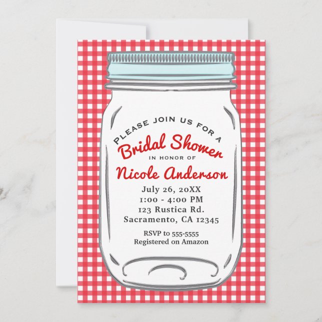 Red Gingham & Blue Mason Jar Rustic Country Invitation (Front)