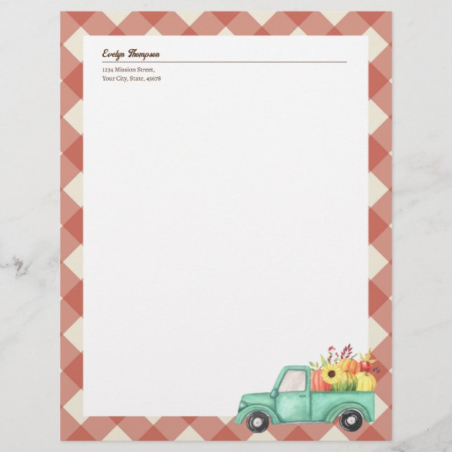 Red Gingham Blue Truck Autumn Fall Country Style Custom Letterhead (Front)