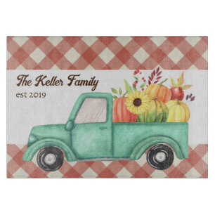 Red Gingham Blue Truck Country Pumpkin Family Name Cutting Board